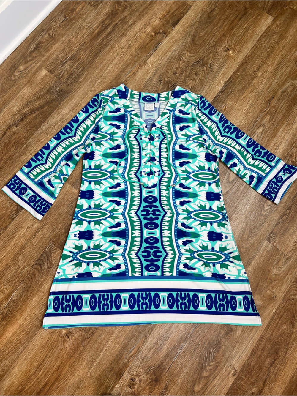 Beach Break Dress Swim Cover Up with Blue & Teal Abstract Print B Neck sz L - Picture 12 of 12